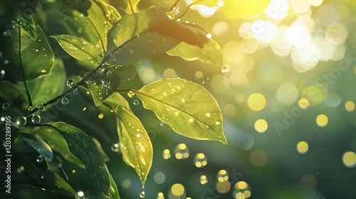 Sunlit leaves with light bubbles and bokeh, photorealistic and minimal style