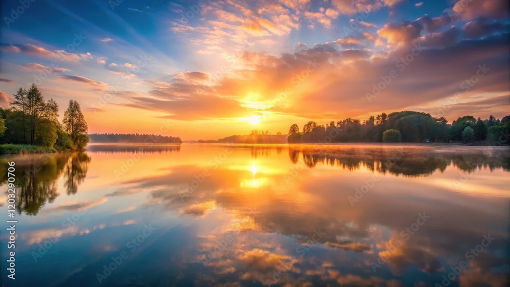 Fototapeta premium Softly glowing sunrise over a peaceful lake, blurred light