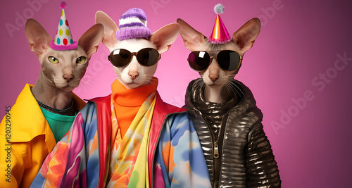 Creative animal concept. Group of Oriental shorthair cat kitten kitty in funky Wacky wild mismatch colourful outfits on bright background advertisement, copy space. birthday party invite invitation	
