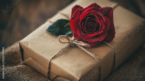 Red rose on rustic gift box on burlap photo