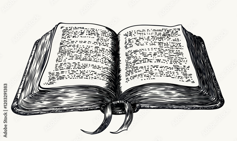 Vintage Open Book Sketch Illustration of Ancient Text, Engraved Diary Concept