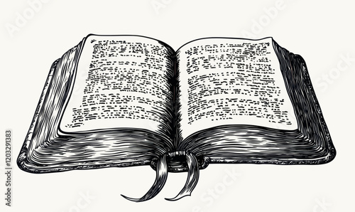 Vintage Open Book Sketch Illustration of Ancient Text, Engraved Diary Concept