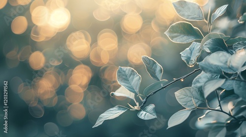 Natural light reflections and bokeh on leaves, photorealistic and minimal style