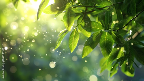 Bokeh and light reflections on leaves, photorealistic and minimal style