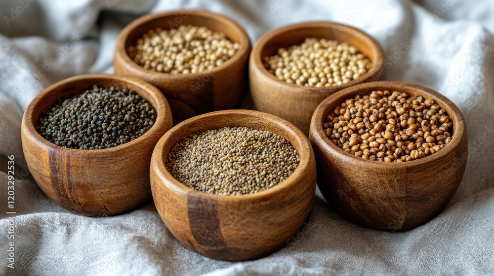 Collection of Various Seeds in Wooden Bowls Collection of Various Seeds in Wooden Bowls
