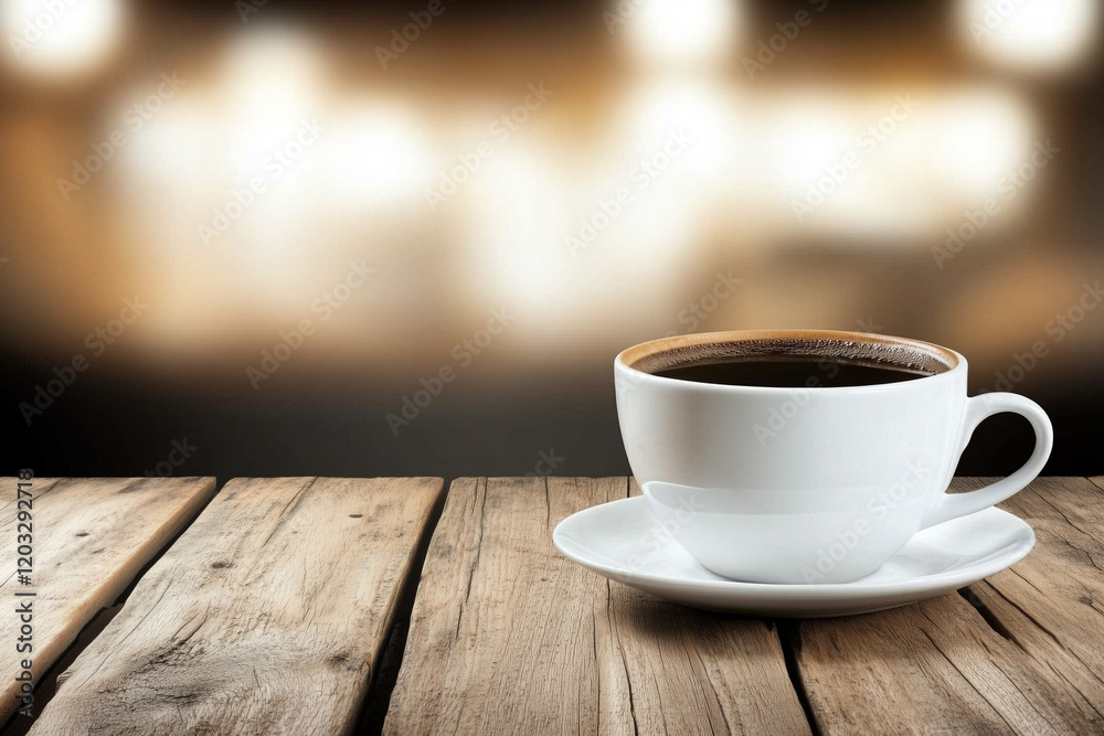 Hot Coffee in White Cup on Wooden Table with Soft Blurred Background for Cozy Atmosphere Hot Coffee in White Cup on Wooden Table with Soft Blurred Background for Cozy Atmosphere