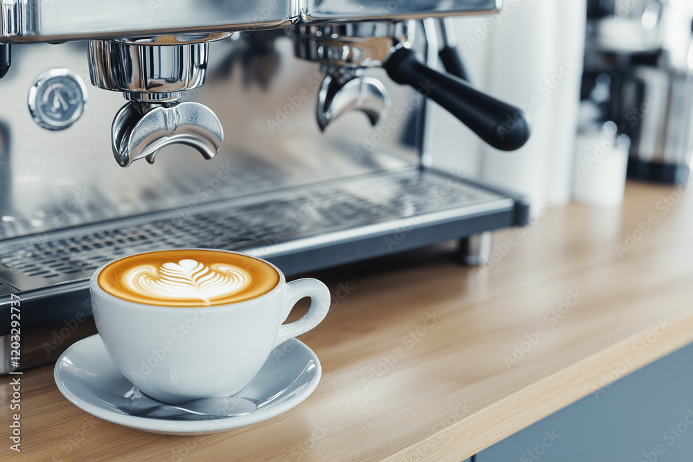 Hot Coffee on Wooden Table Near Espresso Machine with Beautiful Latte Art and Stylish Cup Hot Coffee on Wooden Table Near Espresso Machine with Beautiful Latte Art and Stylish Cup