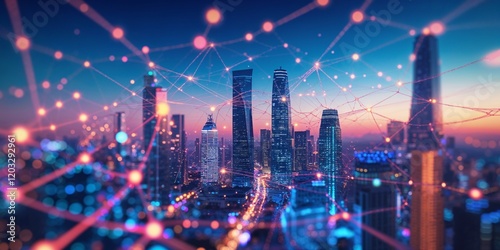 Modern urban center shown with a mesh of IoT connections and smart devices managing the city's utilities 