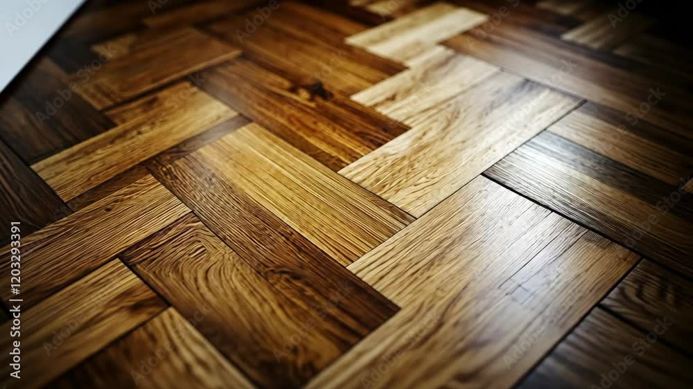 Beautifully crafted wooden flooring in intricate herringbone pattern showcasing warmth and elegance in a cozy interior space