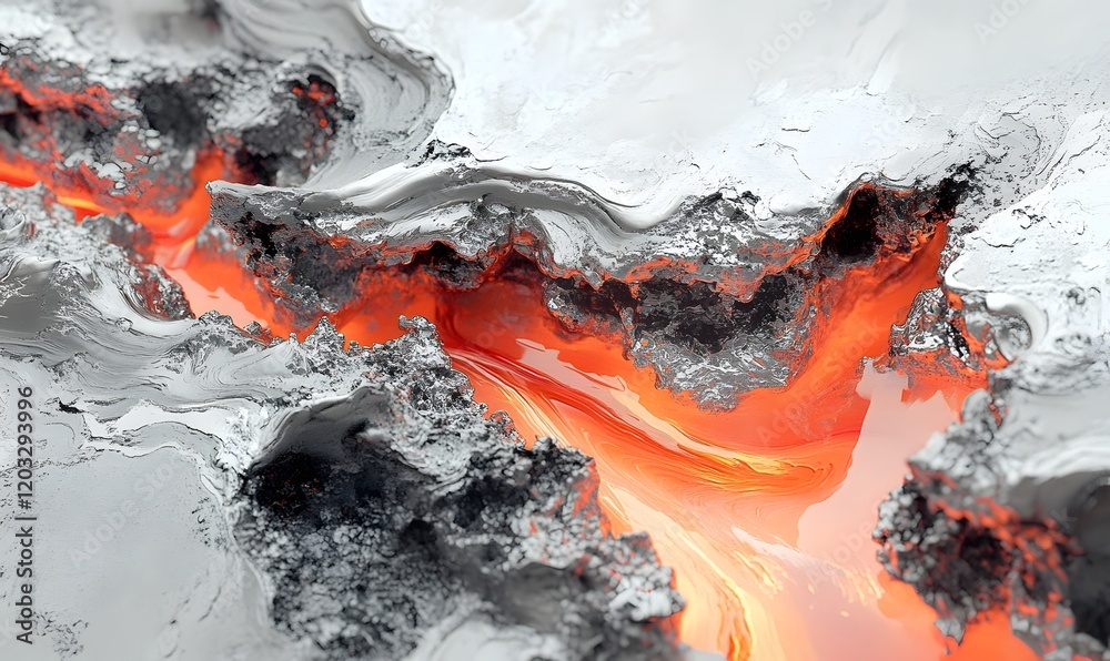 Molten metal flowing through a grey, rocky landscape. Molten metal flowing through a grey, rocky landscape.