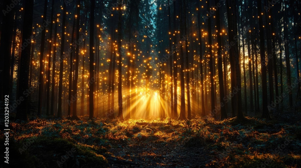 Fototapeta premium Magical sunset lights in enchanted forest