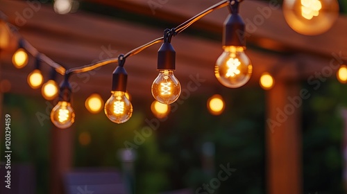 Outdoor LED string lights hanging across a pergola, adding charm to an evening patio setup