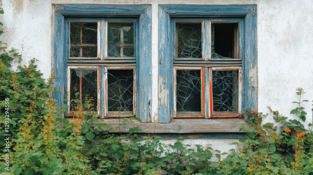 Fototapeta premium Weathered Windows with Cracked Glass Framed by Nature, Showcasing the Passage of Time and Abandonment in a Rustic Setting