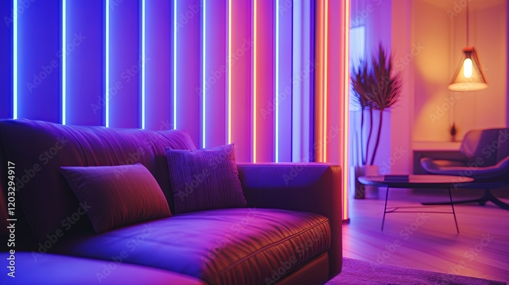 Vertical LED strips embedded in a living room wall panel, creating a futuristic design element