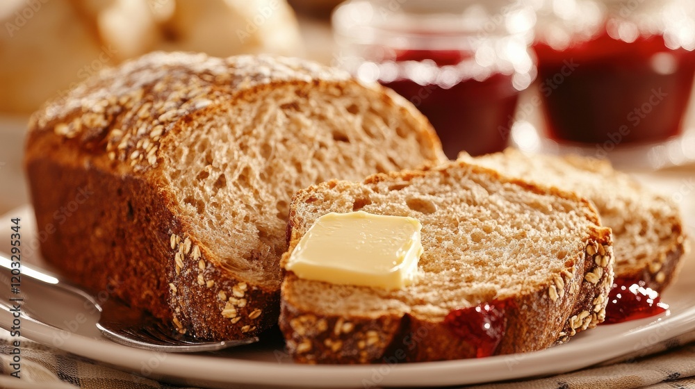 A rustic loaf of multigrain bread served with butter and jam A rustic loaf of multigrain bread served with butter and jam