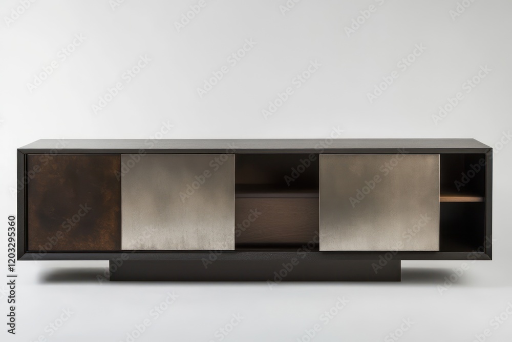 A minimalist sideboard with a combination of open and closed storage, featuring sleek metallic accents A minimalist sideboard with a combination of open and closed storage, featuring sleek metallic accents