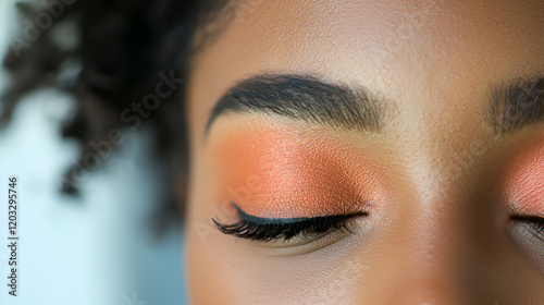 Close-up woman's eyes, orange eyeshadow, studio, calm photo