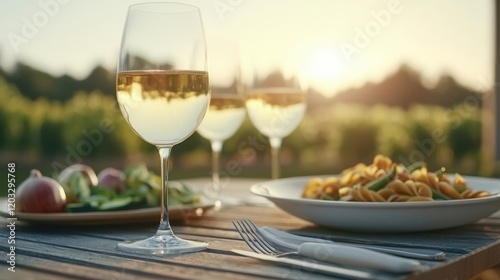 A family enjoying a meat-free meal outdoors, with dishes like pasta primavera and roasted veggies, set under a sunny sky, Great American Meatout concept photo