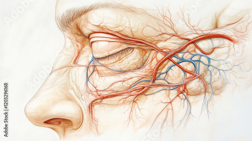 Detailed Anatomy of Human Eye Showing Fine Vascular Structures and Network of Blood Vessels with Emphasis on Intricate Design and Color Contrast for Educational Purposes