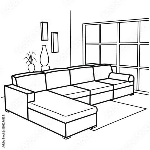 Modern L-shaped sectional sofa in a stylish living room drawing.