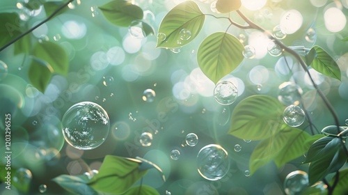 Natural light bubbles with bokeh on leaves, photorealistic and minimal style