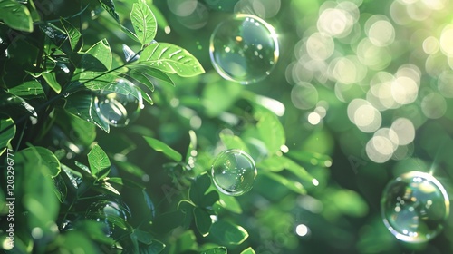Natural light bubbles with bokeh on leaves, photorealistic and minimal style