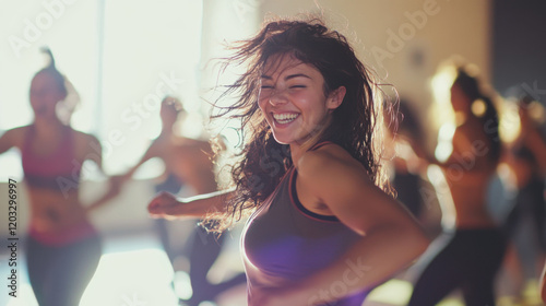Joyful young woman dancing in a lively fitness class, capturing the essence of movement, energy, and happiness in a vibrant workout environment with sunlight streaming in.