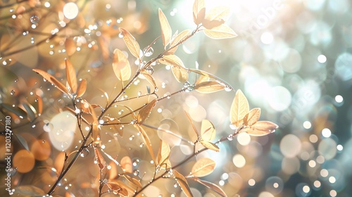 Close-up of foliage with light bubbles and bokeh, photorealistic and minimal style