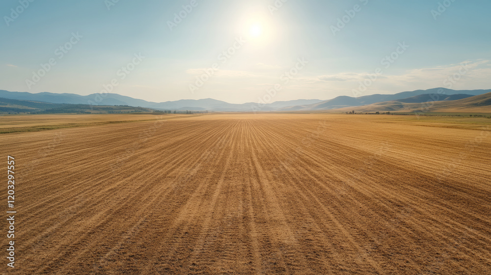 Aerial view of a drone spreading seeds over a vast agricultural field, creating visible trails against a backdrop of hills and sunlit sky Aerial view of a drone spreading seeds over a vast agricultural field, creating visible trails against a backdrop of hills and sunlit sky