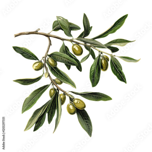 Vintage botanical illustration of an olive isolated on a transparent background. The artwork showcases intricate detailing of the olive fruit and leaves photo
