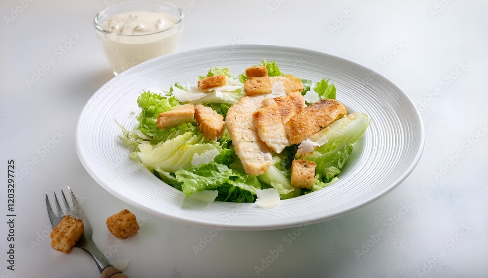 Caesar salad with grilled chicken, crisp lettuce, Parmesan, and croutons on a white plate. Perfect for restaurant menus, healthy eating visuals, or gourmet food promotions Caesar salad with grilled chicken, crisp lettuce, Parmesan, and croutons on a white plate. Perfect for restaurant menus, healthy eating visuals, or gourmet food promotions