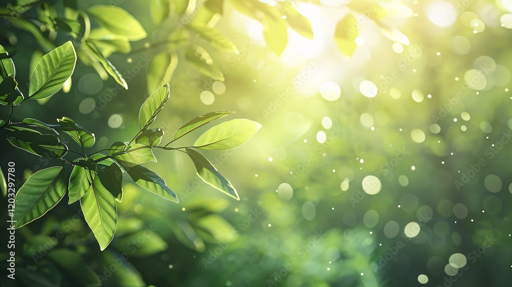 Sunlight and bokeh through leafy branches, photorealistic and minimal style Sunlight and bokeh through leafy branches, photorealistic and minimal style