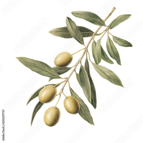 Vintage botanical illustration of an olive isolated on a transparent background. The artwork showcases intricate detailing of the olive fruit and leaves photo