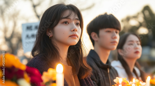 Young Asian activists gathering, candlelight casting gentle glow across committed faces during peaceful protest memorial photo