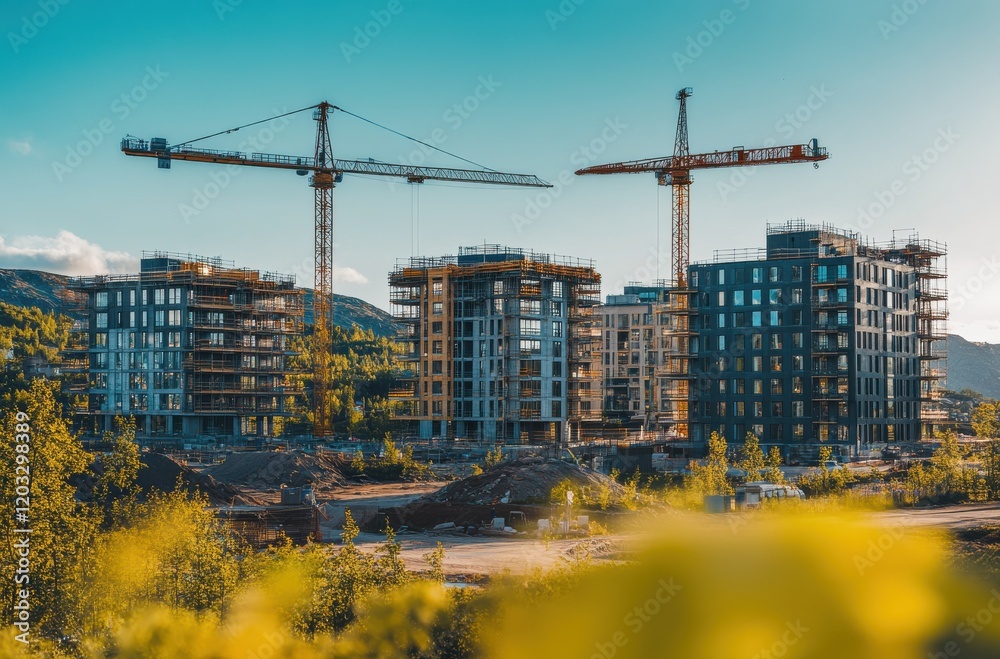 Fototapeta premium Construction Site with Tower Cranes and Modern Buildings Under Development Surrounded by Nature and Blue Sky, Capturing Urban Growth and Architectural Progress