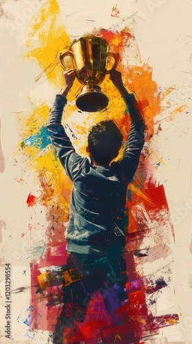 Digital painting of a person holding a gold trophy aloft, celebrating a moment of triumph and success photo