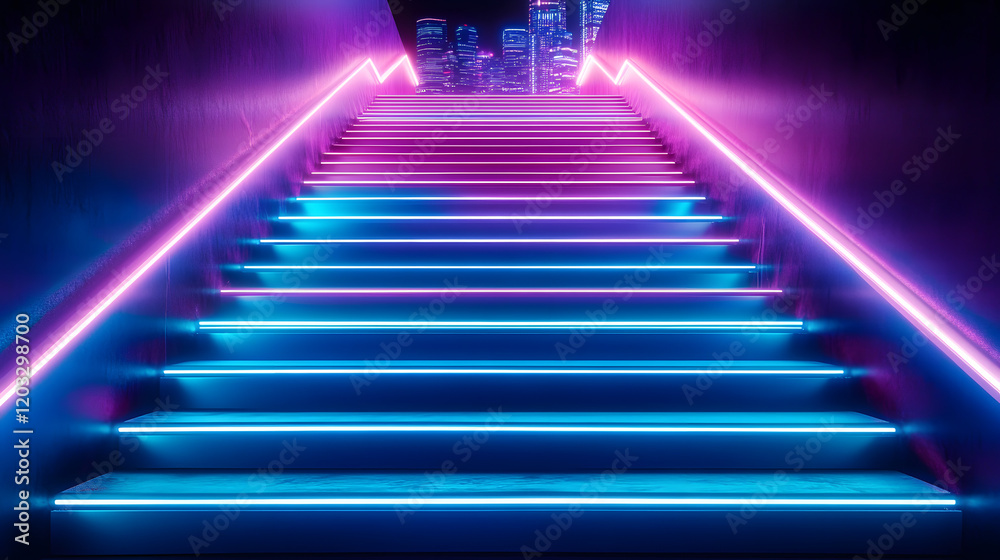 Neon-lit staircase in a sci-fi metropolis, glowing blue and purple lights illuminating each step, futuristic city skyline in the distance Neon-lit staircase in a sci-fi metropolis, glowing blue and purple lights illuminating each step, futuristic city skyline in the distance