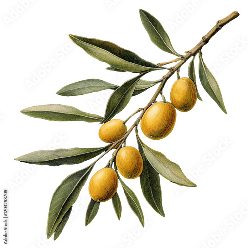 Vintage botanical illustration of an olive isolated on a transparent background. The artwork showcases intricate detailing of the olive fruit and leaves photo