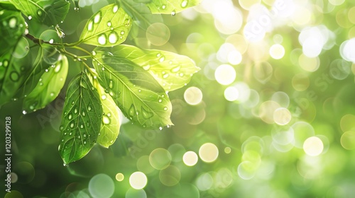 Dewy leaves with natural bokeh and light bubbles, photorealistic and minimal style