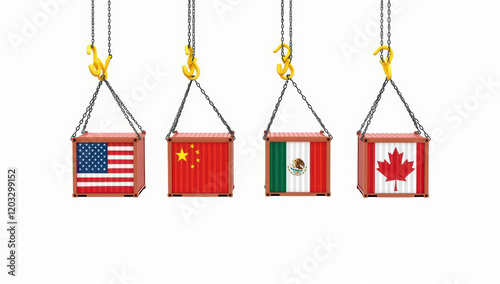 Shipping Containers with Flags of USA, China, Mexico, and Canada