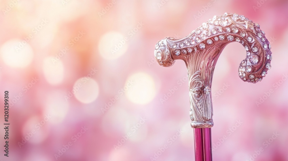 Naklejka premium A decorative walking cane with a jeweled handle on a soft pink gradient background