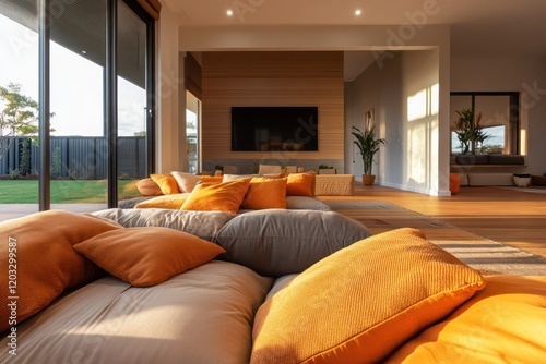 A modern family room with oversized cushions, sleek furniture, and a warm, welcoming color scheme photo