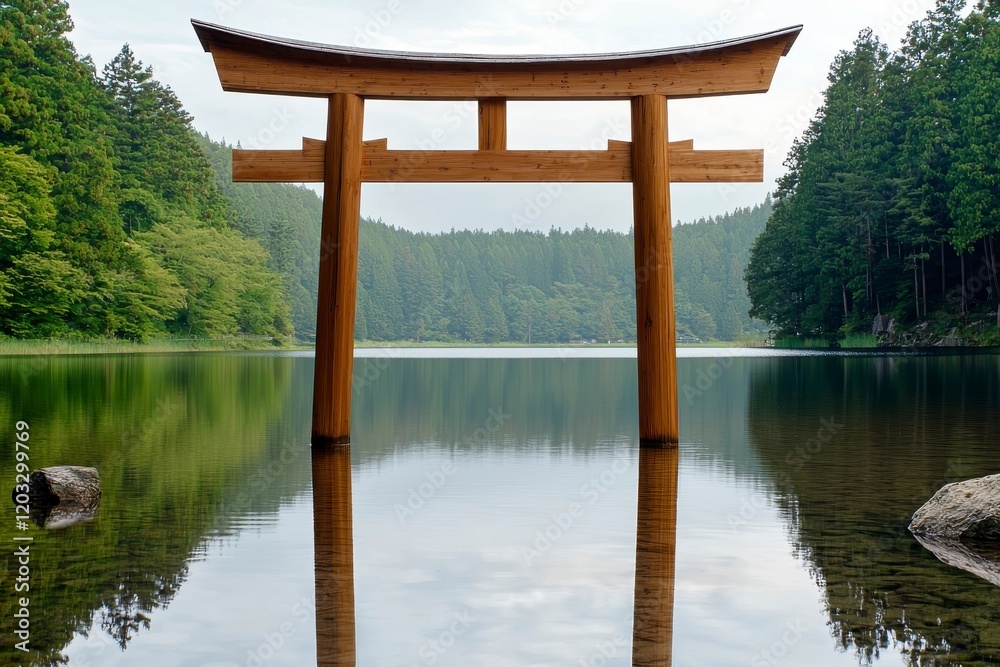 A serene view of a traditional Japanese torii gate reflected in tranquil waters, surrounded by lush greenery and misty mountains in the background. A serene view of a traditional Japanese torii gate reflected in tranquil waters, surrounded by lush greenery and misty mountains in the background.