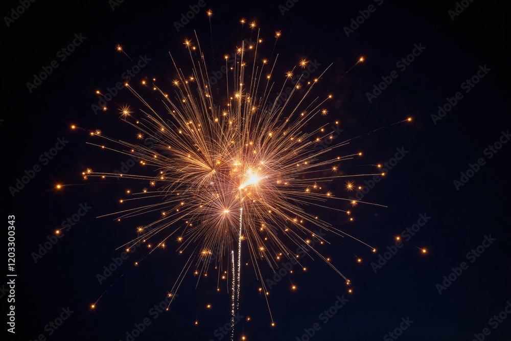 Fototapeta premium golden orange white fireworks in symmetrical pattern on navy background