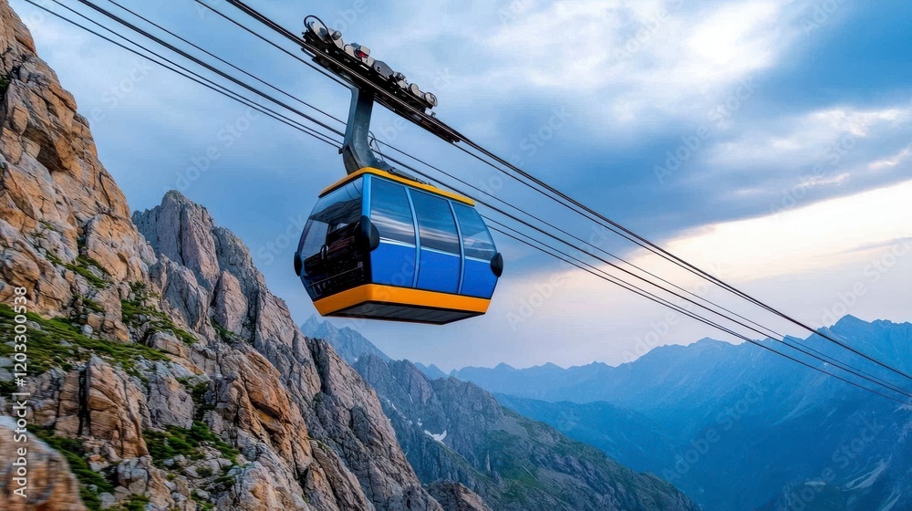 A scenic mountain cable car glides above rugged peaks, offering breathtaking views of the landscape under a dramatic sky. A scenic mountain cable car glides above rugged peaks, offering breathtaking views of the landscape under a dramatic sky.