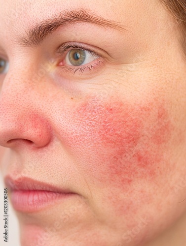 Close-up of a face showing red, irritated skin caused by contact dermatitis from cosmetic products. Suitable for dermatology or skincare content. photo