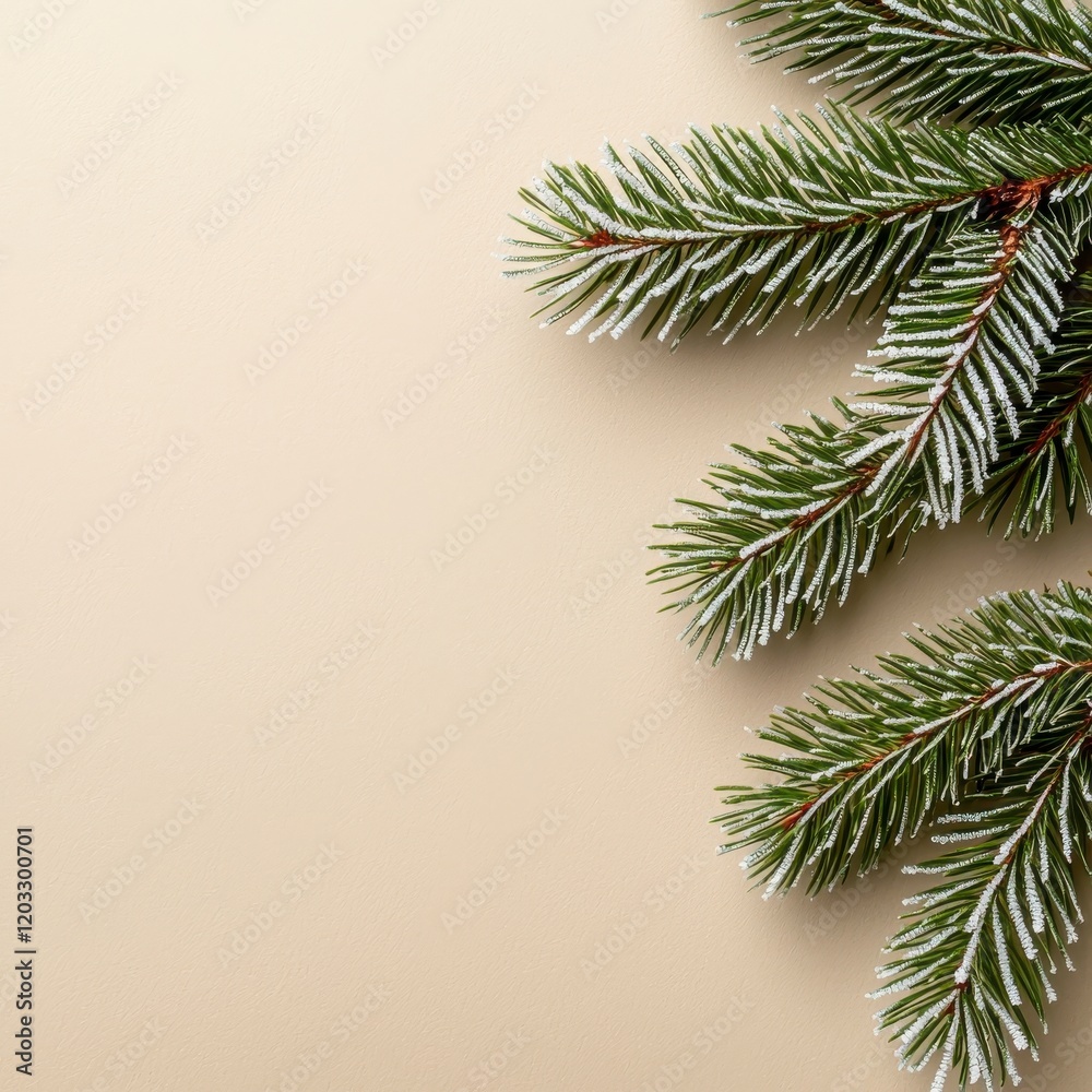 A close-up view of frosted evergreen branches against a soft beige background, evoking a winter or holiday theme. A close-up view of frosted evergreen branches against a soft beige background, evoking a winter or holiday theme.