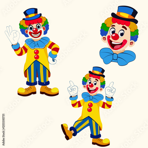 This image shows a cheerful clown with a rainbow wig, blue bow tie, and striped yellow and blue outfit. The clown is wearing a top hat and is depicted in three poses: waving, pointing, and smiling.