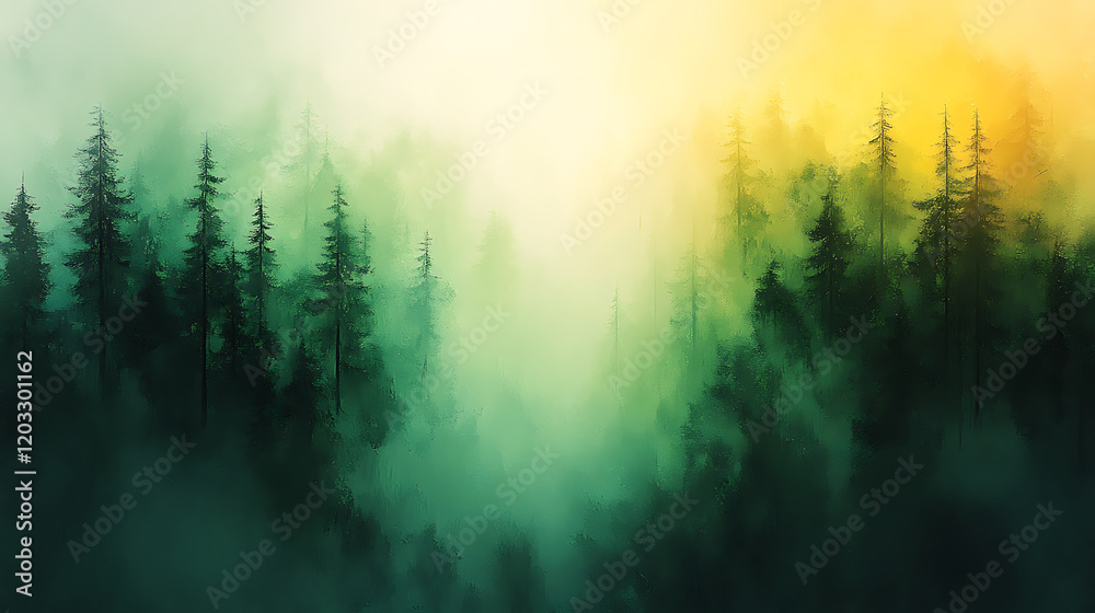 Obraz premium Misty Forest Silhouette Against a Bright Yellow Sky