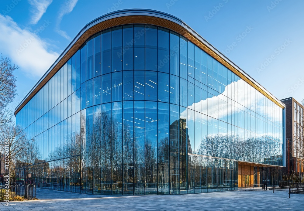 Modern Architectural Building with Curved Glass Facade Surrounded by Nature, Showcasing Innovative Design and Sustainability in Urban Environment Modern Architectural Building with Curved Glass Facade Surrounded by Nature, Showcasing Innovative Design and Sustainability in Urban Environment